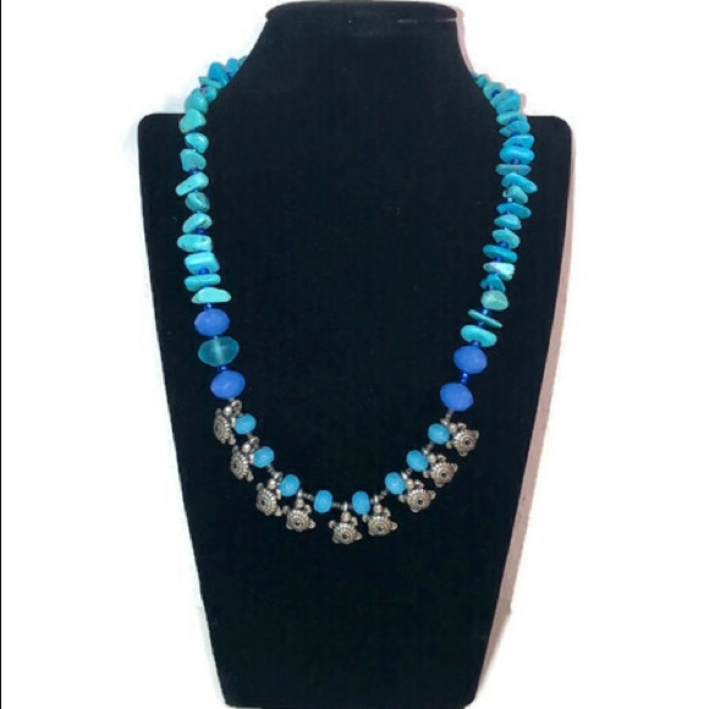 Turquoise Necklace Silver Turtle Charms 19.5”